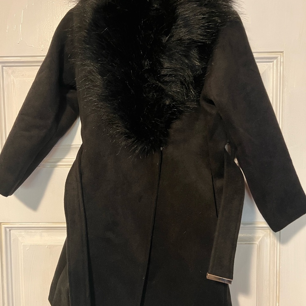 Black Faux Fur Collar Wool-Blend Women's Coat